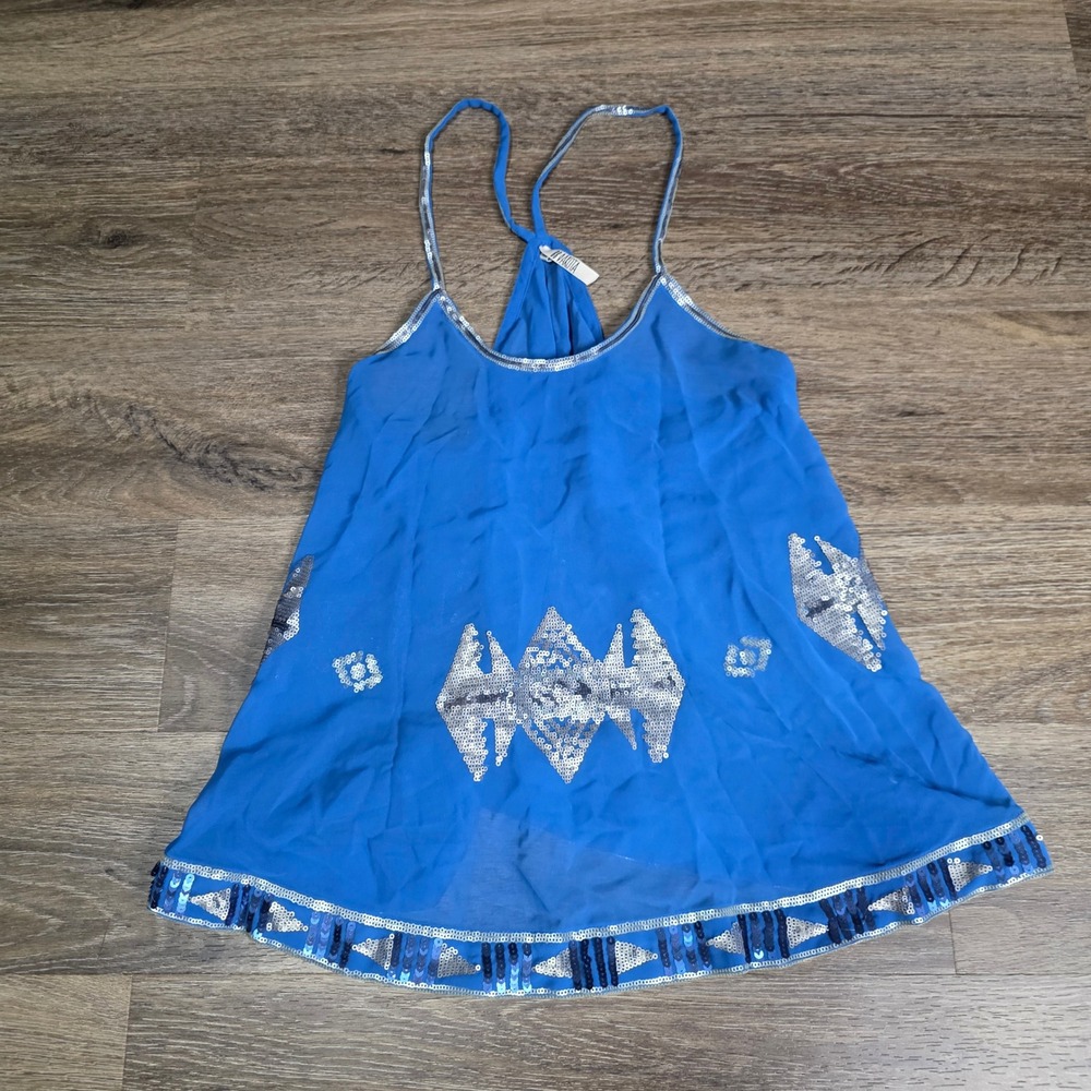 BB Dakota Womens XS Cami Top Blue Sequin Geometric Racerback Flowy Festival